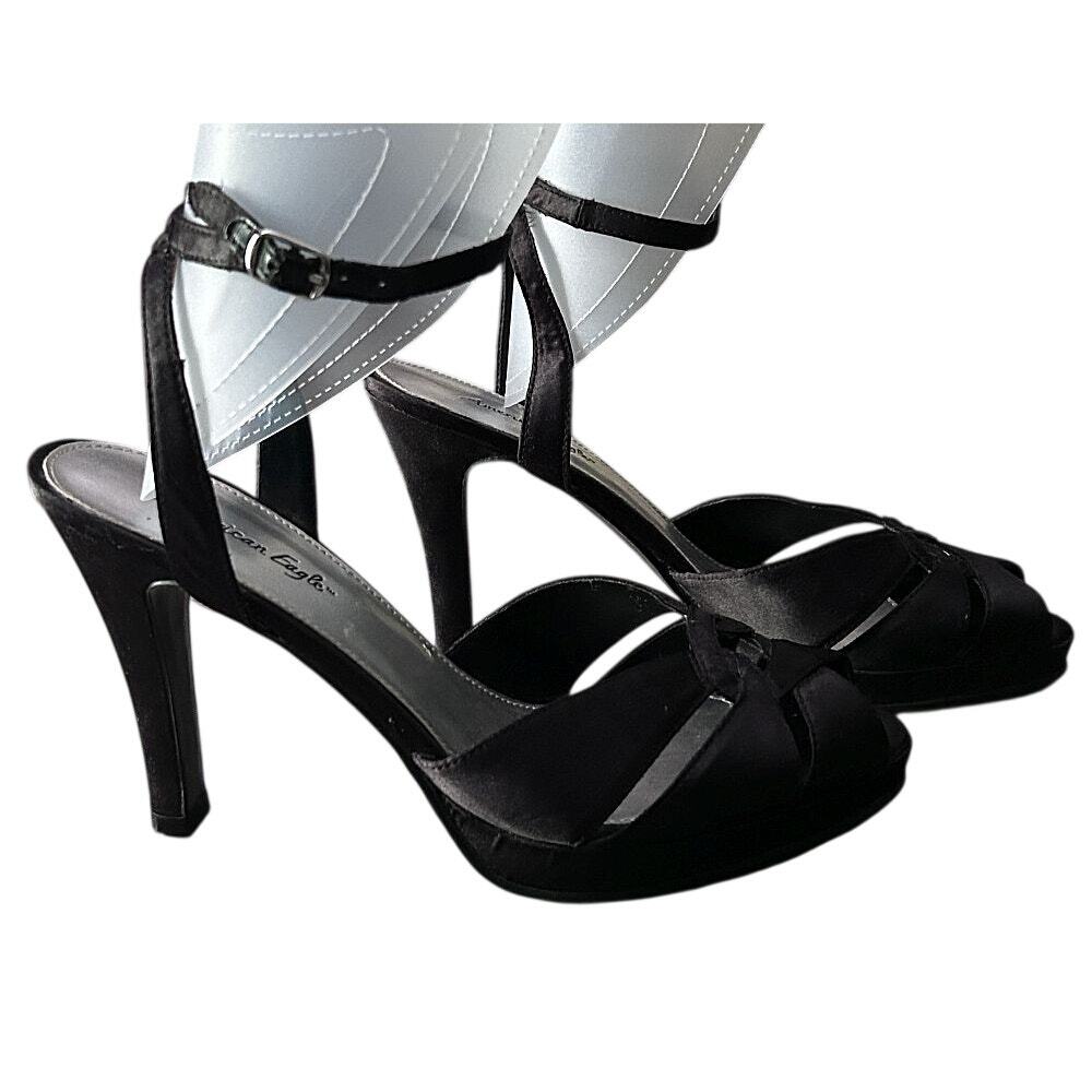 American Eagle Vintage Open Toe Ankle Strap Black Satin Platform 4" Heels 8.5